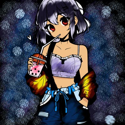 one anime teenage girl in cute top and baggy jeans and biting the boba straw