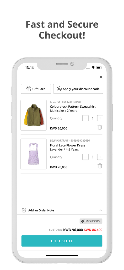 SAVANNA | سافانا - Un écran mobile montrant le panier de l'application Savanna avec des vêtements de luxe pour enfants et un bouton de paiement