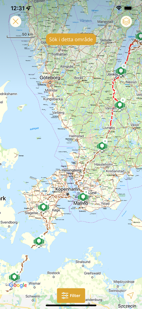 Kartenansicht der App Saint Birgitta Ways, die Wanderwege und Pilger-Points of Interest in ganz Schweden und Dänemark anzeigt