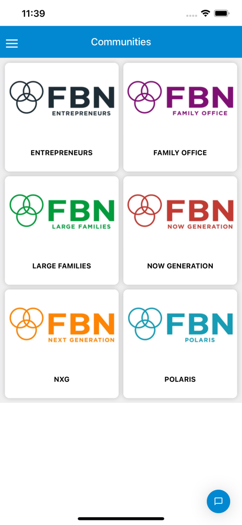 FBN Connect - FBN Connect app screen displaying various member communities including Entrepreneurs and Next Generation groups