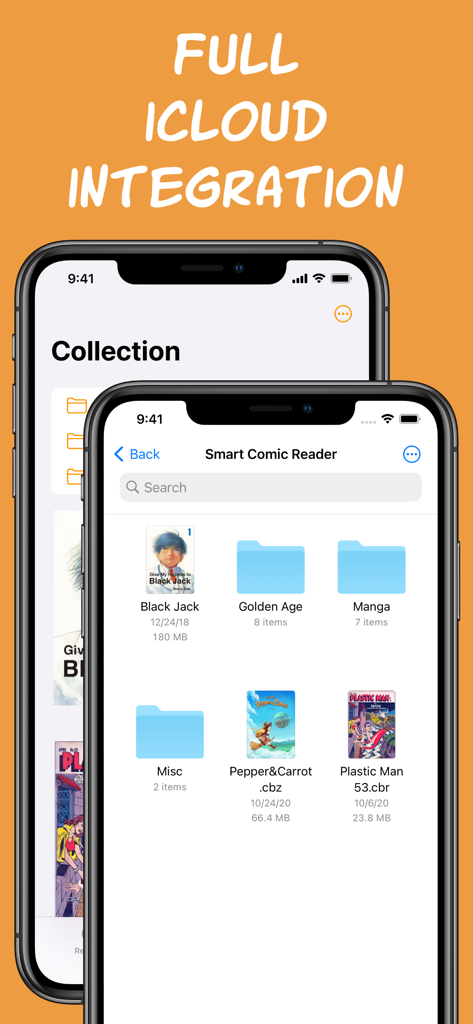 Smart Comic Reader - Interfaz de la aplicación Lector Inteligente de Cómics mostrando la integración de iCloud para organizar colecciones de cómics y manga digitales en iPhone.