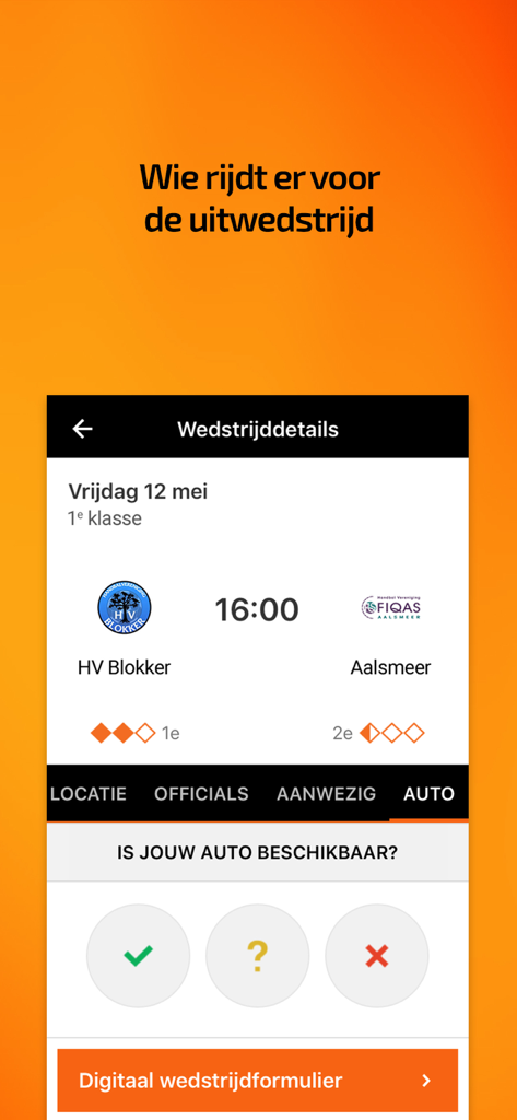 HandbalNL app match details screen with carpool availability selection for away games