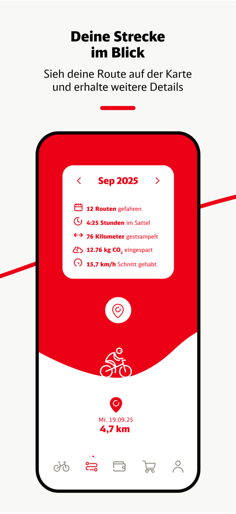 DB Rad plus app dashboard showing cycling distance and CO2 savings stats