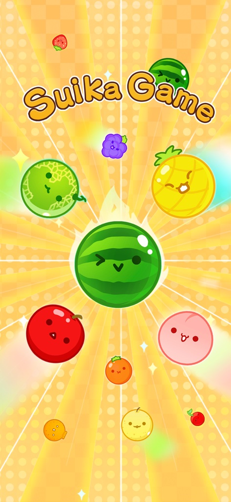 Suika Game-Aladdin X - Suika Game title screen with colorful cute fruits and a large central watermelon