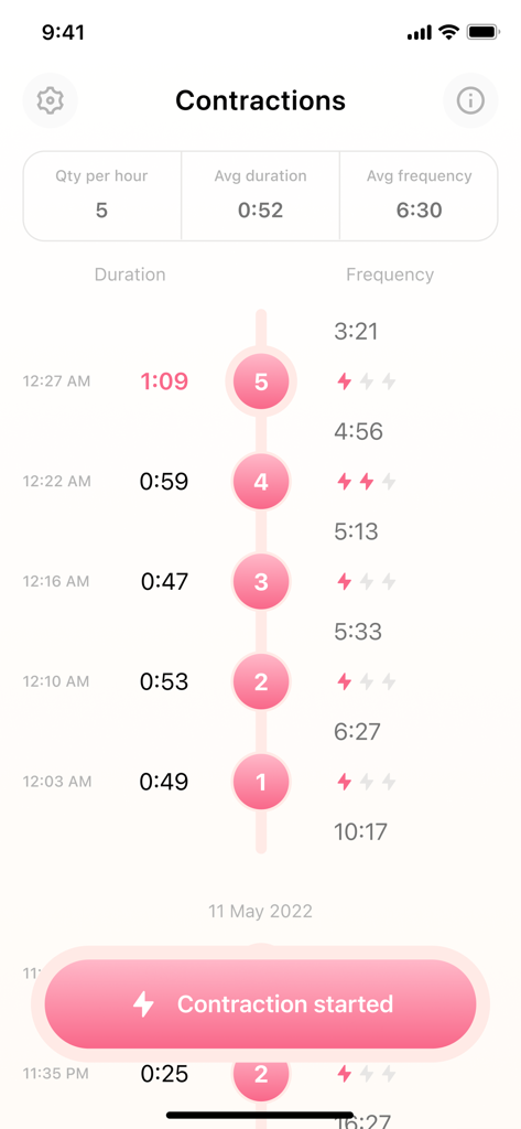 시간, 빈도와 함께 진통 기록의 자세한 로그를 보여주는 Contraction Timer 및 Tracker 앱 인터페이스