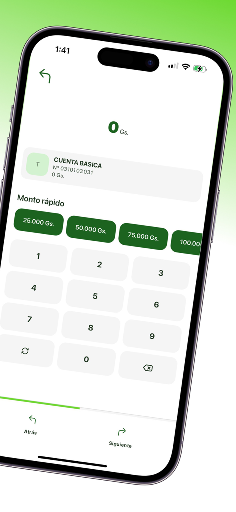 Interfaz de la aplicación móvil NEXO S.A. para ingresar montos de transacción con botones de selección rápida y un teclado numérico.