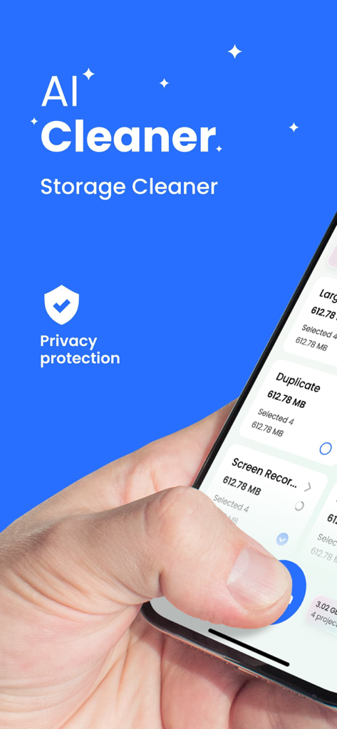 AI Cleaner 앱이 iPhone에서 저장 공간 정리 카테고리와 개인 정보 보호 기능을 보여주는 모습