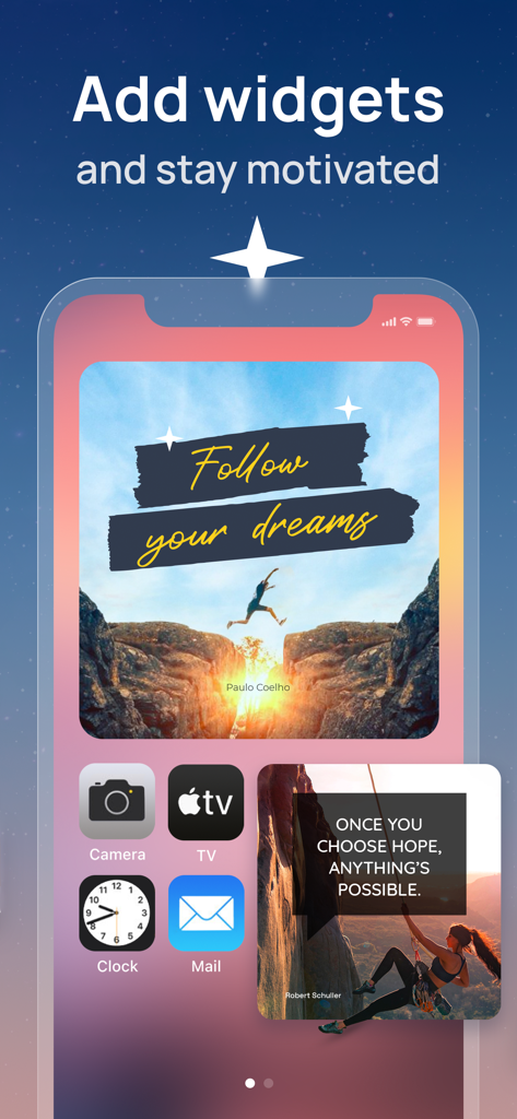 Quotes Maker: Daily Motivation - Pantalla de inicio de iPhone mostrando widgets estéticos de citas motivacionales de la aplicación Quotes Maker.