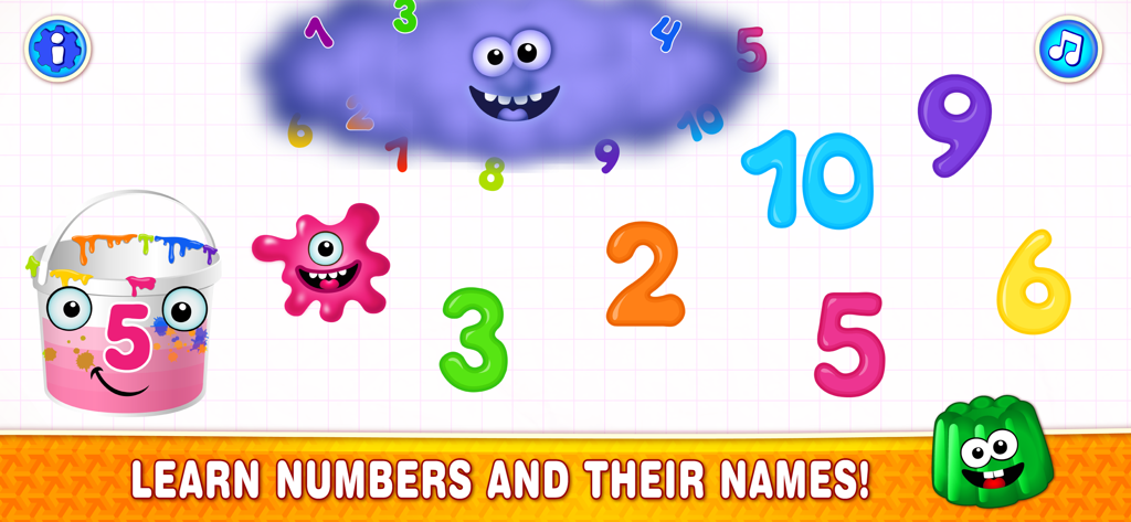 123 Counting Number Kids Games - Educational game screen for kids to learn numbers and their names with animated characters.