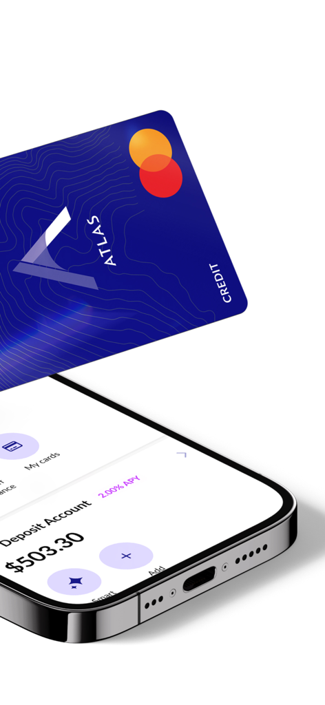 Atlas rewards credit card and mobile app interface showing account balance and APY