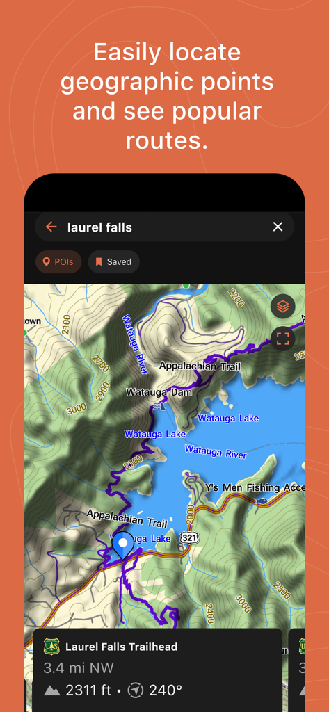 Vista de mapa topográfico en la aplicación Garmin Explore que muestra rutas de senderos y resultados de búsqueda para Laurel Falls Trailhead