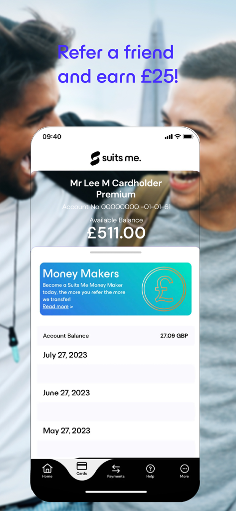 Suits Me - Banking Alternative - Benutzeroberfläche der Suits Me App, die ein Empfehlungsangebot von 25 Pfund und einen Kontostand von 511 Pfund anzeigt