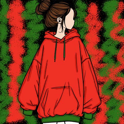 realistic girl with a oversized sweatshirt on and a bun