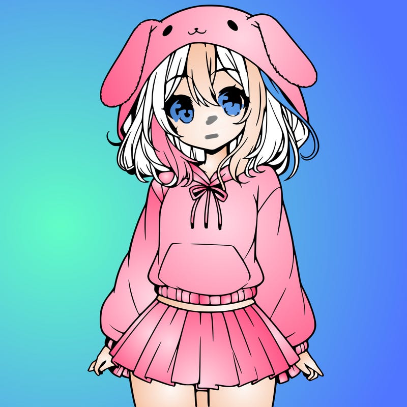 pretty anime girl wearing a fluffy hoodie with bunny ears on the hood and a skirt