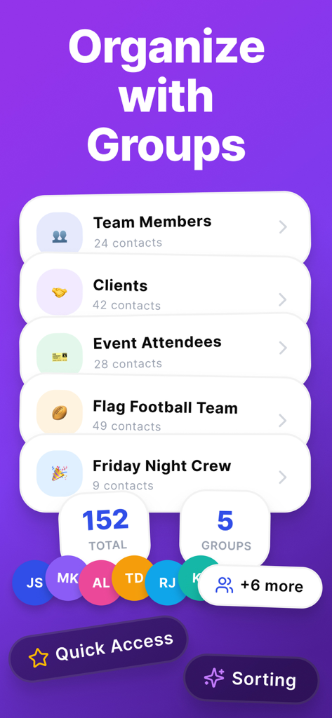 Quick Send: Mass Text Message - Quick Send app interface showing organized contact groups like Team Members Clients and Event Attendees for mass texting