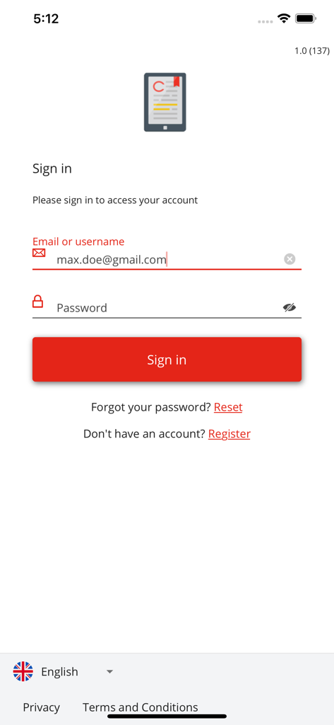 Sign-in interface for the CompTIA Self-Paced eReader app featuring email and password fields.