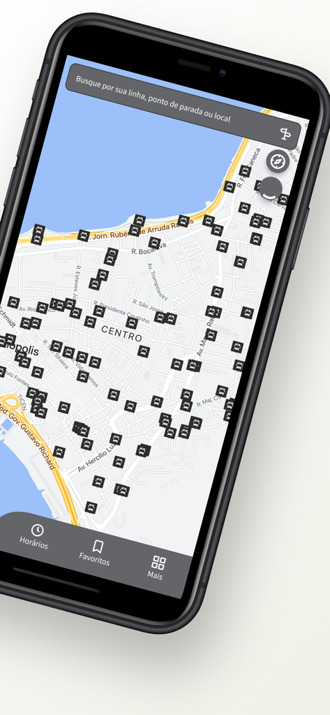 Captura de tela da interface do mapa do aplicativo Floripa no Ponto 2.0 exibindo locais de ônibus em tempo real em Florianópolis