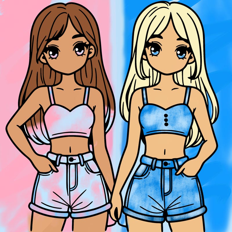 two sisters with crop tops and jean shorts and straight hair