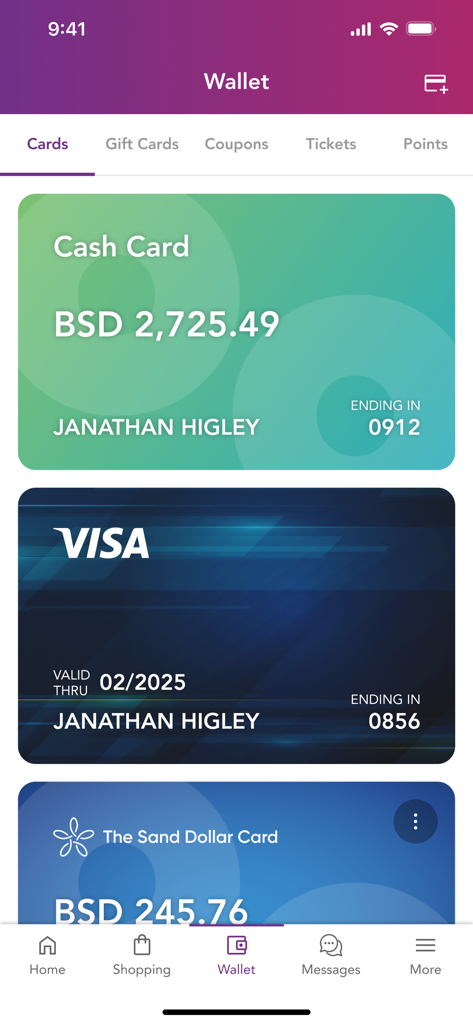 Una pantalla de la aplicación móvil que muestra tarjetas de pago digitales y saldos de cuentas en la billetera Kanoo.