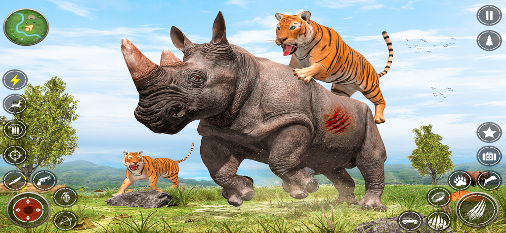 The Tiger Family Simulator 3D - A tiger attacking a rhinoceros in a 3D wild animal simulation game
