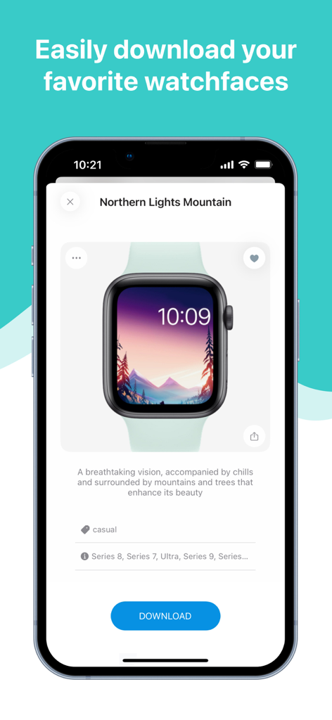 Buddywatchアプリでダウンロードボタンが付いたiPhoneに表示されるオーロラ山ウォッチフェイスのプレビュー