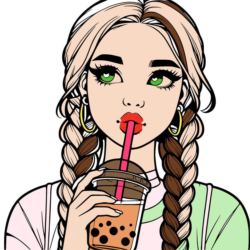 realistic girl with braided hair drinking boba