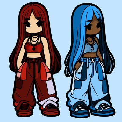 girl in baggy pants crop top and long hair