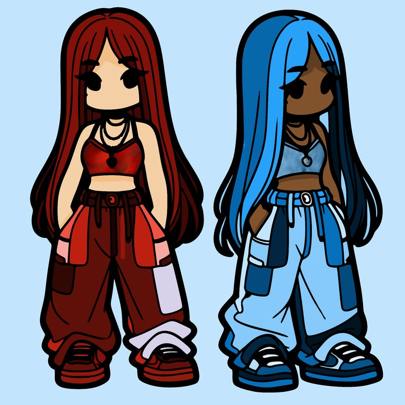 girl in baggy pants crop top and long hair