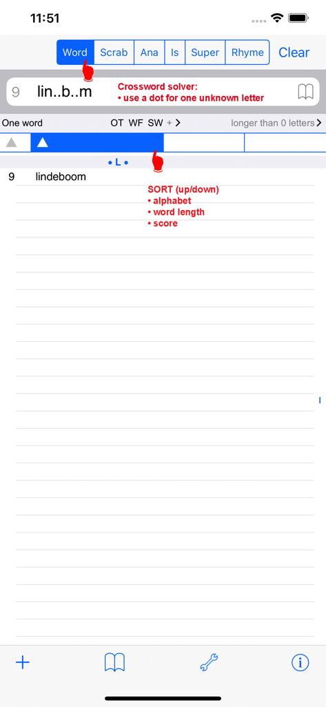 Oberfläche der niederländischen Kreuzworträtsel-App, die ein Wortsuchergebnis für ein bestimmtes Buchstabenmuster und Sortieranweisungen anzeigt