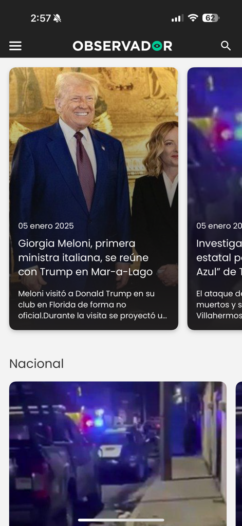 Pantalla principal de la app de noticias OBSERVADOR que muestra titulares políticos y artículos internacionales en español