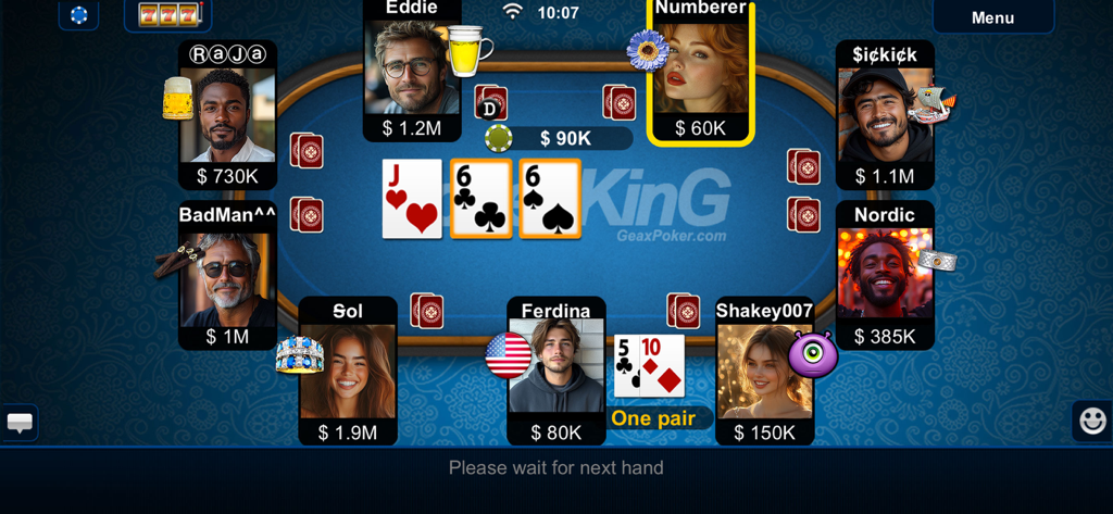Texas Holdem Poker - Online Texas Holdem Poker game interface showing players at a table with avatars and virtual items