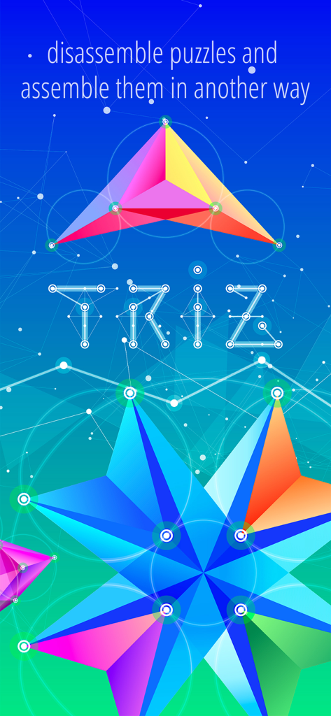 TRIZ - Sacred Geometry Puzzles - Colorful geometric puzzles in the TRIZ app with abstract star shapes and disassembly gameplay text