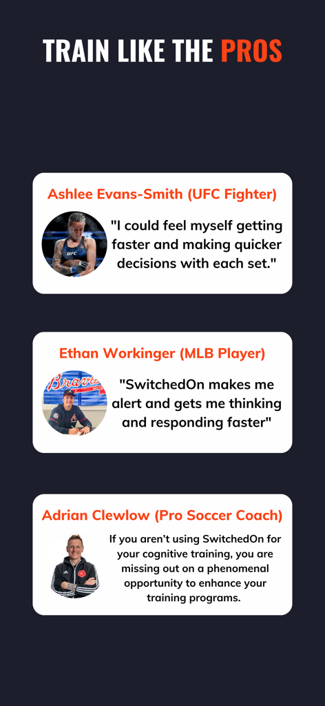SwitchedOn - Reaction Training - Testimonials from professional athletes and coaches for the SwitchedOn reaction training app