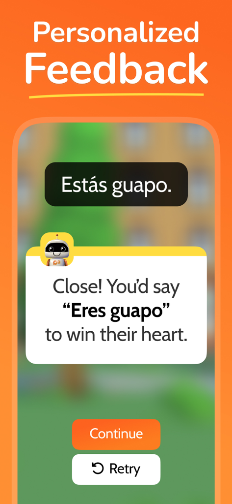 LingoLooper: AI Language Game - LingoLooperアプリのインターフェースは、スペイン語の練習問題に対するパーソナライズされたAIフィードバックを表示しています。