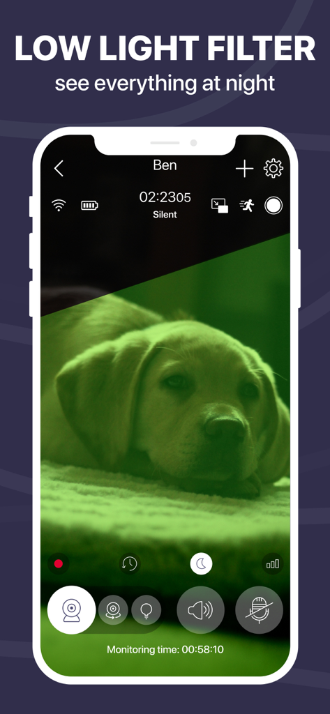 Dog Monitor Buddy & Pet cam - Interfaz de la aplicación de monitor para mascotas que muestra un perro por la noche con un filtro verde de luz tenue