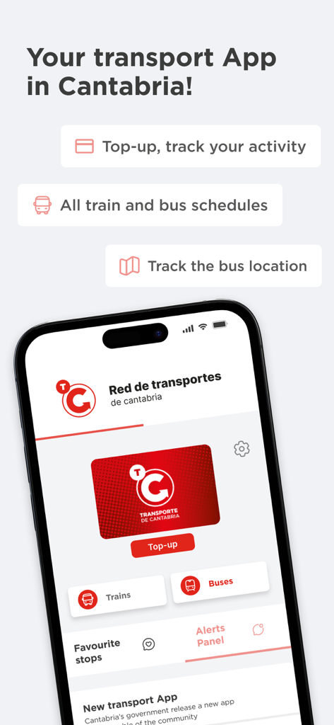 Horarios Transporte Cantabria - Pantalla de inicio de la aplicación Horarios Transporte Cantabria que muestra horarios de autobuses y trenes y opciones de recarga de tarjeta