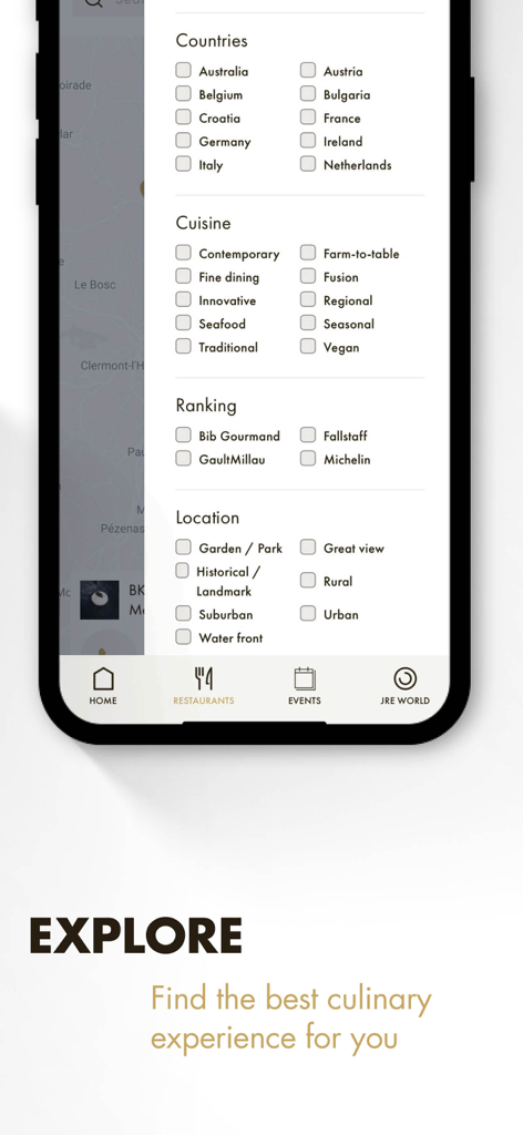 Pantalla de la aplicación móvil que muestra filtros de restaurantes de alta cocina por cocina, clasificación y ubicación.