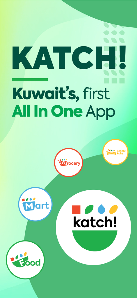 Katch! KW - Katch Kuwaitスーパーアプリのプロモーショングラフィック。食品、食料品店、タクシーサービスを紹介しています。
