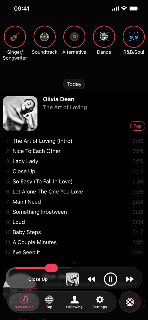 Musicasm: Best New Albums 2026 - Olivia Dean album tracklist and music player in the Musicasm app interface
