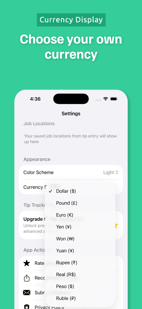 Tip Tracker app settings screen showing a dropdown menu to choose between various global currency symbols