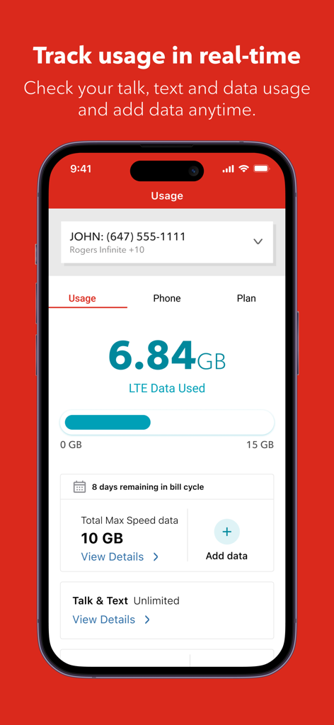 Uno screenshot dell'app mobile MyRogers che mostra l'utilizzo dei dati in tempo reale con una barra di avanzamento, i dati LTE utilizzati e i giorni rimanenti nel ciclo di fatturazione.