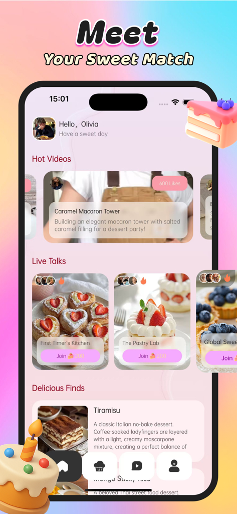 Coco：Adult & Video，Sweet Chat - Mobile app interface of Coco showing trending dessert videos, live baking chat rooms, and recipe cards.