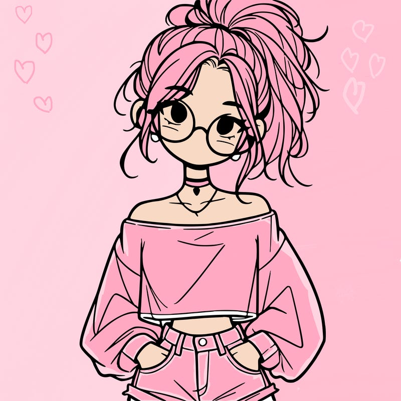 girl with a messy ponytail glasses a baggy crop top and jean shorts