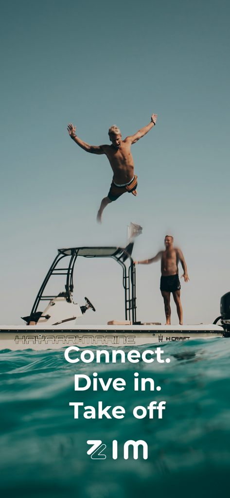 A traveler jumping from a boat into turquoise water with the ZIM app tagline Connect Dive in Take off