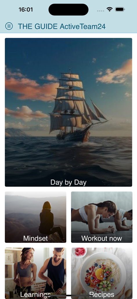 The Guide ActiveTeam24 앱의 홈 화면으로, 사고방식, 운동, 학습, 레시피 카테고리가 표시됩니다.