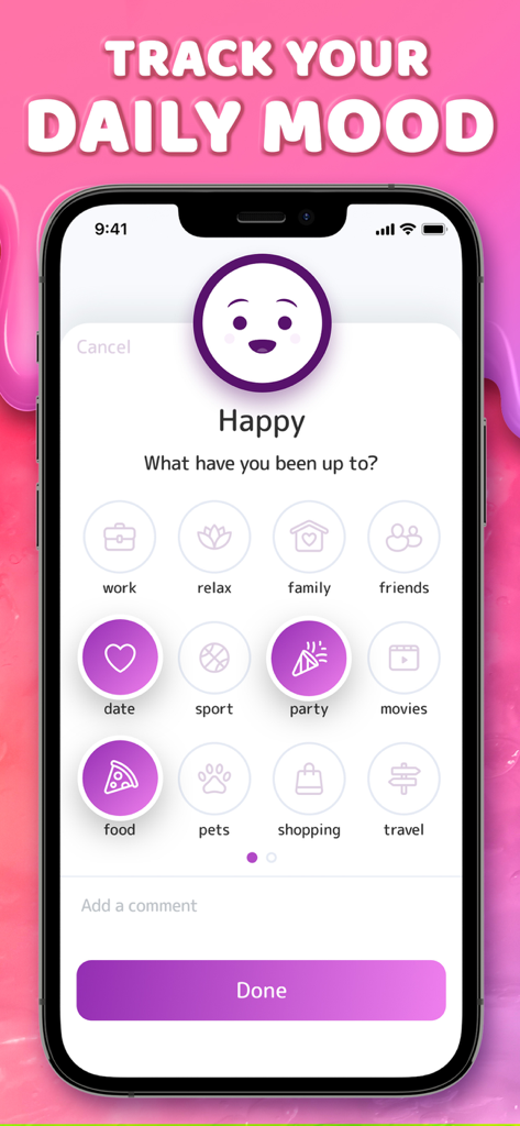 Mood Balance:Self Care Tracker - Mood Balance App-Oberfläche zur Verfolgung der täglichen Stimmung und Aktivitäten mit einem glücklichen Symbol