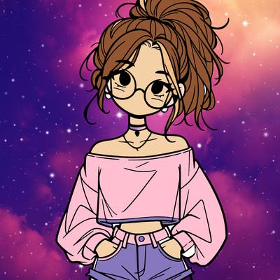 girl with a messy ponytail glasses a baggy crop top and jean shorts