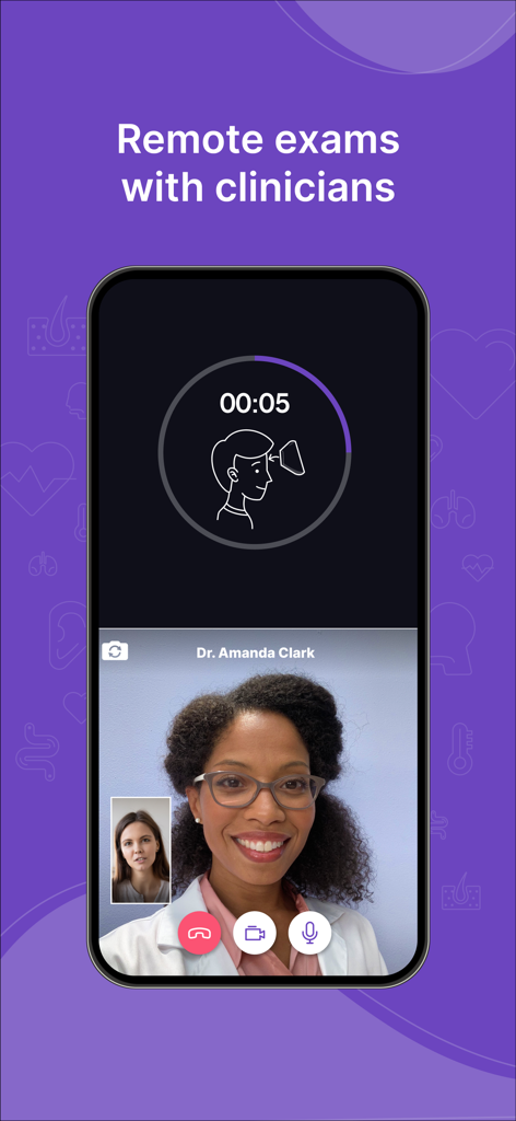 TytoCare - A live video call interface on the TytoCare app showing a clinician conducting a remote medical exam with a patient.