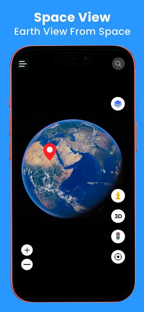 Street View Map & Navigation - A 3D Earth view from space with a location pin on a mobile map application interface