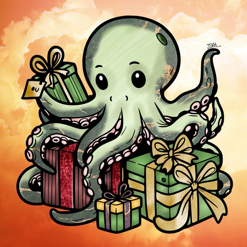 an octopus wrapping gifts
